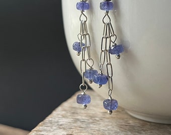 Tanzanite Earrings, Long Silver Gemstone Earrings