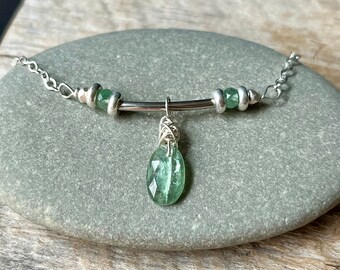 Green Kyanite Necklace, Silver Kyanite Adjustable Necklace