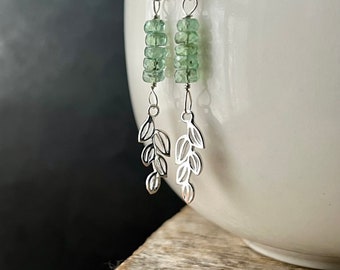 Green Kyanite Earrings, Sterling Silver Leaves Gemstone Earrings