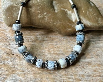 Dendritic Opal Bracelet: Sterling Silver, Black Spinel, Adjustable Length