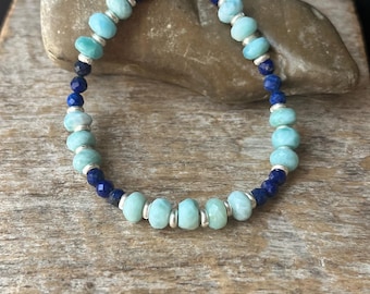 Larimar Lapis Lazuli Bracelet: Multistone Hill Tribe Silver Adjustable Bracelet