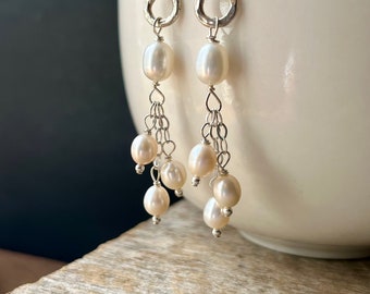 Pearl Earrings, Sterling Silver Freshwater Pearls Cascade Earrings