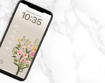 Pink Tan Bouquet Flower Personalized Name iPhone Wallpaper Lock Screen | Custom Name | Simple Design | Clean Girl | Digital Download