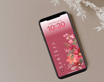 Red Flower Personalized Name iPhone Wallpaper Lock Screen | Custom Name | Simple Design | Clean Girl | Digital Download