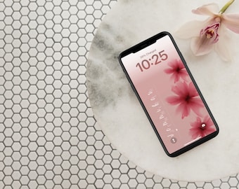 Red Dainty Flower Personalized Name iPhone Wallpaper Lock Screen | Custom Name | Simple Design | Clean Girl | Digital Download