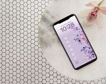 Purple Flower Personalized Name iPhone Wallpaper Lock Screen | Custom Name | Simple Design | Clean Girl | Digital Download