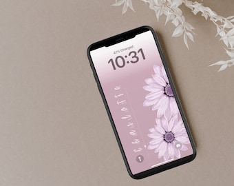 Purple Flower Personalized Name iPhone Wallpaper Lock Screen | Custom Name | Simple Design | Clean Girl | Digital Download