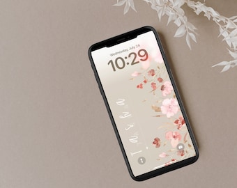 Pink Tan Flower Personalized Name iPhone Wallpaper Lock Screen | Custom Name | Simple Design | Clean Girl | Digital Download