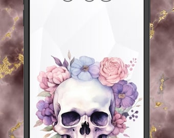Floral Purple Skull 1pc iPhone Wallpaper or Lock Screen | Watercolor Drawing | Instant Digital Download