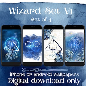 Wizard House Wallpaper | Magical Blue Raven Magic | Set of 4 IPhone Wallpapers | Wand | Deathly Hallows | Instant Digital Download