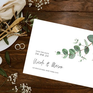 Reserva la fecha / Invitación de boda rústica / Hermoso eucalipto / Diseño minimalista simple / Descarga digital editable