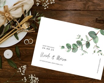 Save The Date | Rustic Wedding Invitation | Beautiful Eucalyptus | Simple Minimalist Design | Editable Digital Download