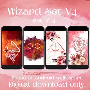 Wizard House Wallpaper | Magical Red Lion Magic | Set of 4 IPhone Wallpapers | Wand | Deathly Hallows | Instant Digital Download