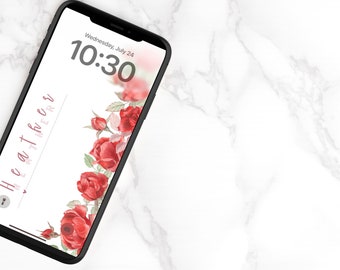White Red Rose Personalized Name iPhone Wallpaper Lock Screen | Custom Name | Simple Design | Clean Girl | Digital Download