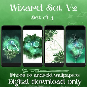 Wizard House Wallpaper | Magical Green Snake Magic | Set of 4 IPhone Wallpapers | Wand | Deathly Hallows | Instant Digital Download