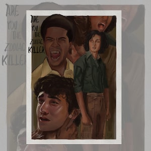 May include: A digital illustration of three people with the text "Are you the Zodiac Killer" in black and white. The people are depicted in a dark, moody style with a focus on their eyes and mouths. The text is bold and eye-catching.