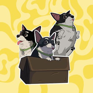May include: A sticker illustration featuring three black and white dogs with green collars and round tags. One dog sits inside a brown cardboard box, while the other two are positioned above it. The dogs have large ears and expressive faces.