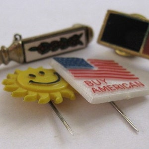 Sale Assortment of Vintage Scatter Stick Pins Buy American Flag Smiley Face Sun Knife Bar Assemblage Altered Art Supplies Destash image 1