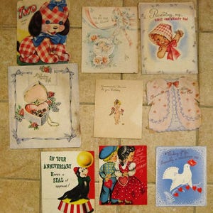 Lote de 9 tarjetas de felicitación vintage para bebés y niños, años 50, usadas, de Pam SALE