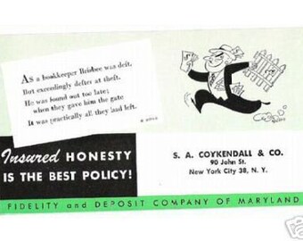 Vintage Advertising Ink Blotter MARYLAND INSURANCE Bank Fidelity Deposit Green