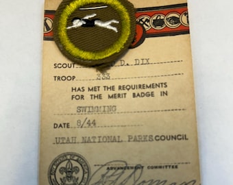 Vintage 1944 Utah BSA Boy Scouts Merit Badge and Card Swimming MINT Reduced