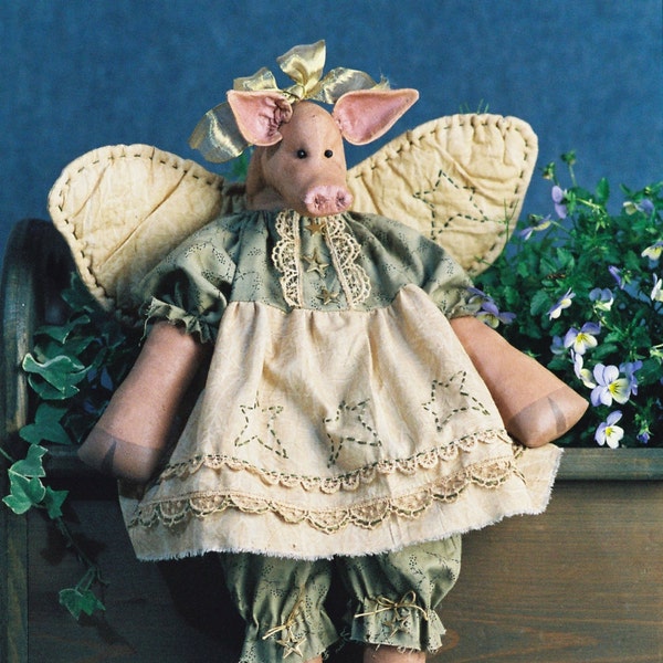 Hog Heaven - Mailed Cloth Doll Pattern - 20in Winged Country Girl Pig Angel