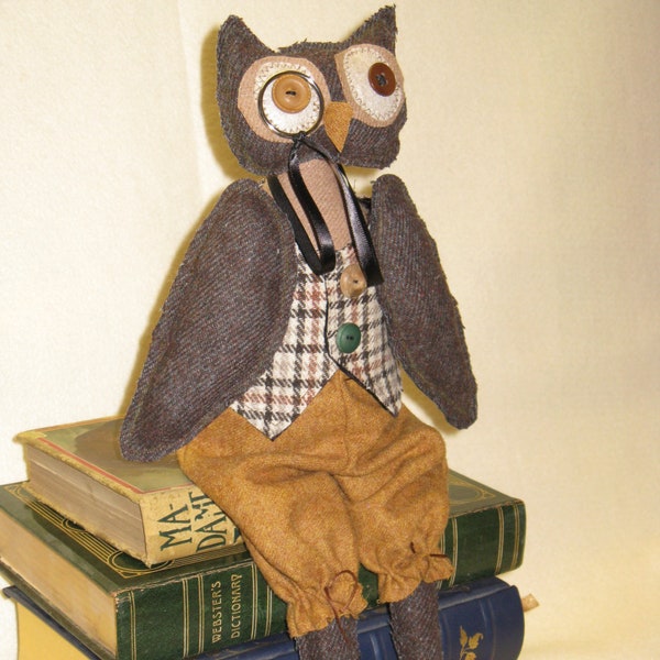 Professor Hootie - Mailed Cloth Doll Pattern 16 in Primitive Wise Old Professor Owl pattern