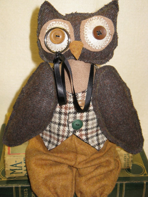 Professr Hootie - Cloth Doll E-Pattern 16 in Wise Old Professor Primitive Owl Epattern