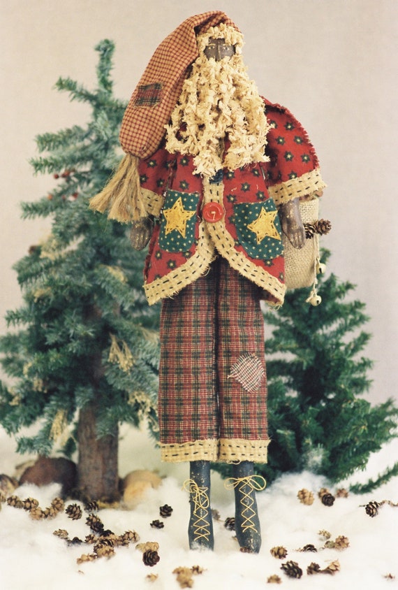 Pere Noel - Cloth Doll E-Pattern  24in Black Primitive Folk Art Santa E-pattern