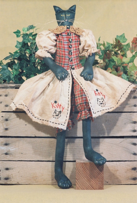 Kitty - Mailed Cloth Doll Pattern - 23in Primitive-Folkart Black Girl Halloween Cat