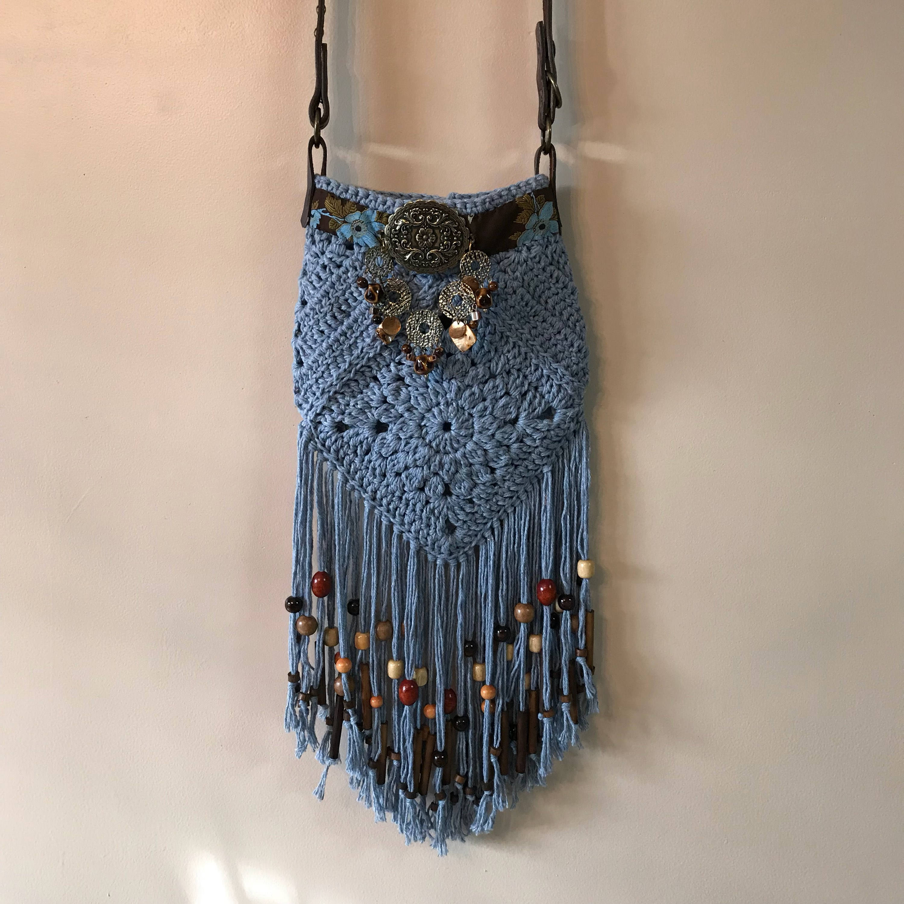 Handmade Beaded Fringed Bohemian Hippie purse Denim Colored Crocheted
