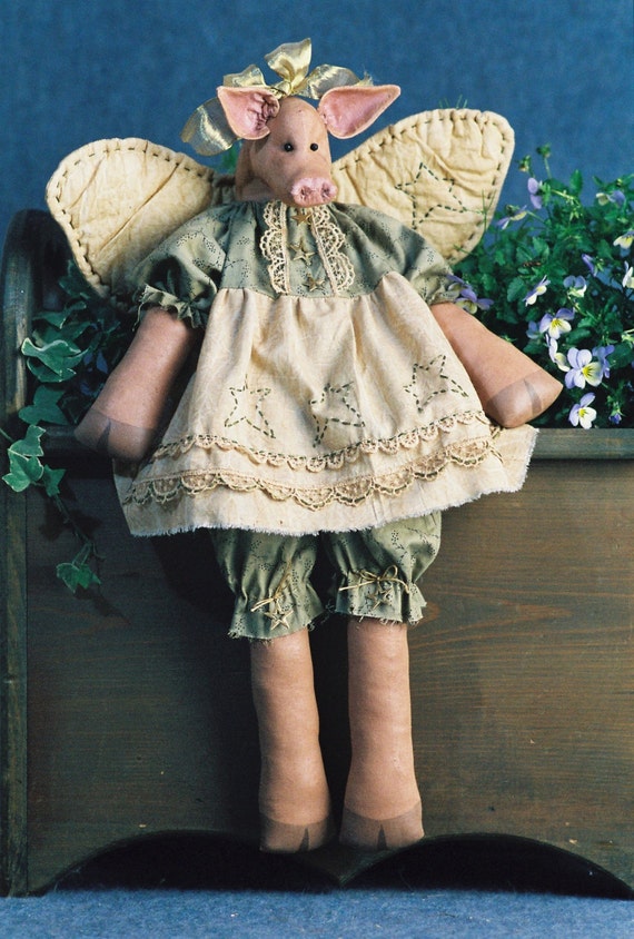 Hog Heaven - Mailed Cloth Doll Pattern - 20in Winged Country Girl Pig Angel