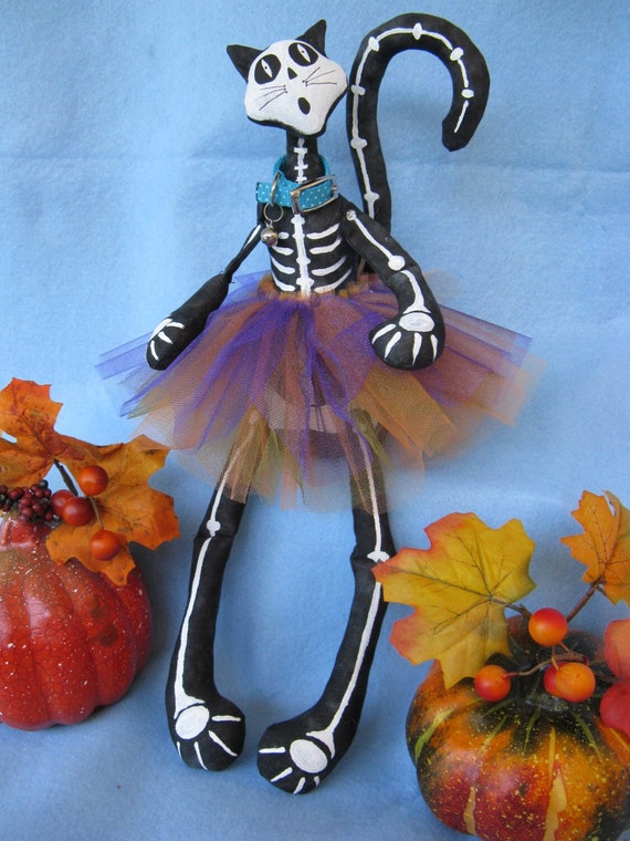 Bony Moronie - Mailed Cloth Doll Pattern  16in Halloween Skeleton Cat Doll