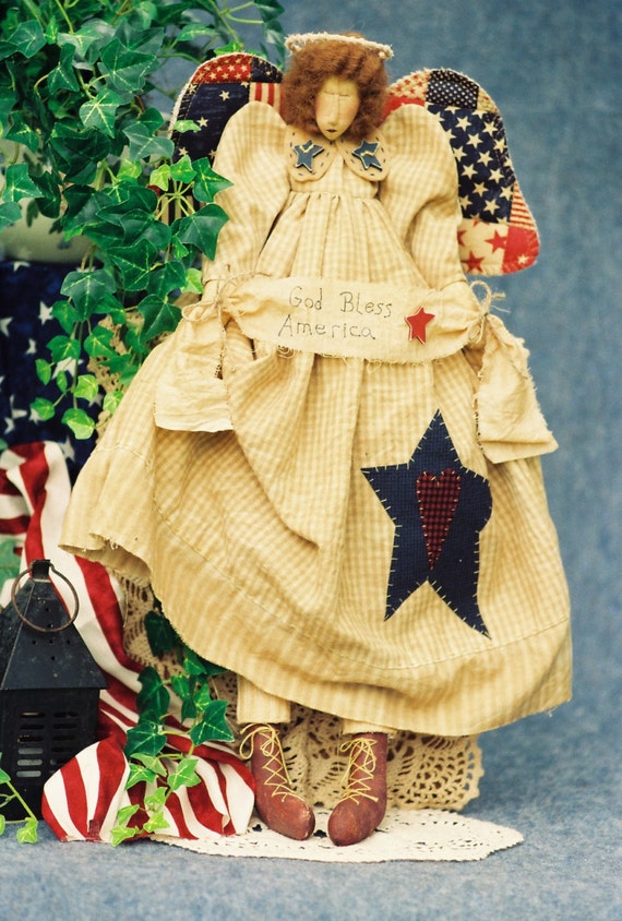 God Bless America - Mailed Cloth Doll Pattern  24in Patriotic 4th of July Primitive Folkart Independence Day Angel