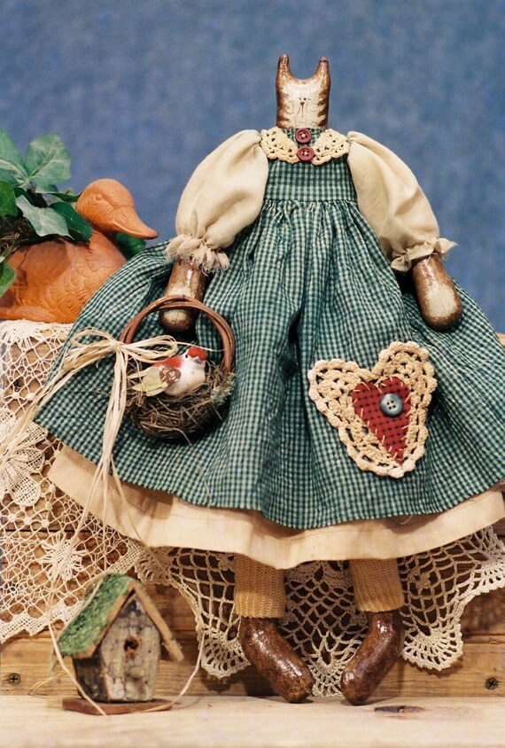 Bethany - Mailed Cloth Doll Pattern 17in FolkArt Country Girl Cat Kitten