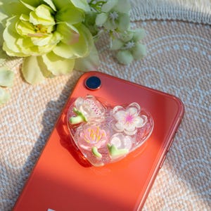 Resin Flower Magnetic Phone Grip,Heart shape Phone Grip,Magnetic Phone Grip Holder,Cherry blossoms Flower Grip For Kindle,Pink Cute Grip