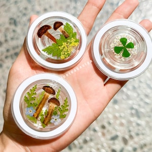 May include: Three clear, round resin coasters with white rims, each containing natural elements. One features mushrooms, another a four-leaf clover, and the third, mushrooms and blue flowers. The coasters are held in a hand.