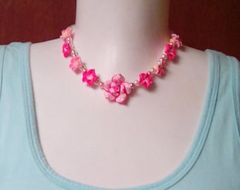 Choker Necklace/Earrings Set - Pink Flowers and Pearls  SN3