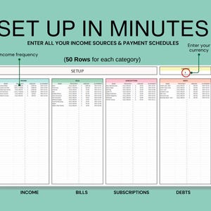 May include: A printable budget tracker worksheet with four columns labeled "Income", "Bills", "Subscriptions", and "Debts". The worksheet has 50 rows for each category and includes spaces to enter income sources, payment schedules, and currency.