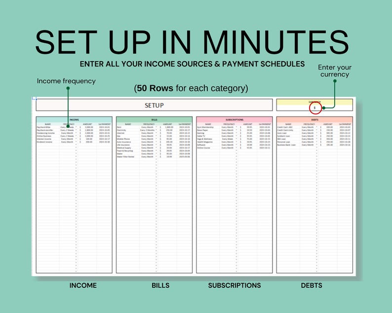 May include: A printable budget tracker worksheet with four columns labeled "Income", "Bills", "Subscriptions", and "Debts". The worksheet has 50 rows for each category and includes spaces to enter income sources, payment schedules, and currency.