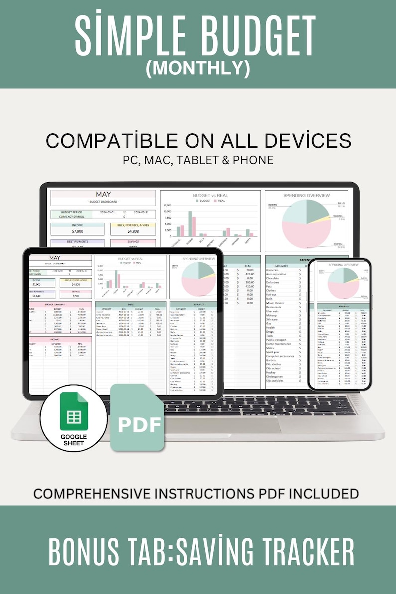 Pu&ograve; includere: Un modello di budget digitale per Google Sheets, visualizzato su un laptop, un tablet e un telefono. Il modello &egrave; intitolato "Budget semplice (Mensile)" e include una "Scheda bonus: Tracciamento dei risparmi".