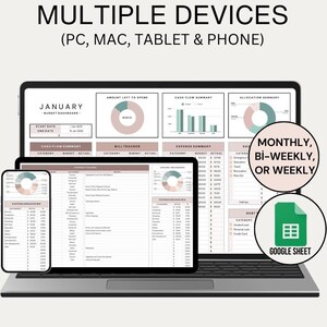 May include: A Google Sheet budget template for tracking expenses and income. The template is compatible with multiple devices, including PC, Mac, tablet, and phone. The template is designed for monthly, bi-weekly, or weekly budgeting. The template includes a cash flow summary, bill tracker, expense summary, and expense breakdown.