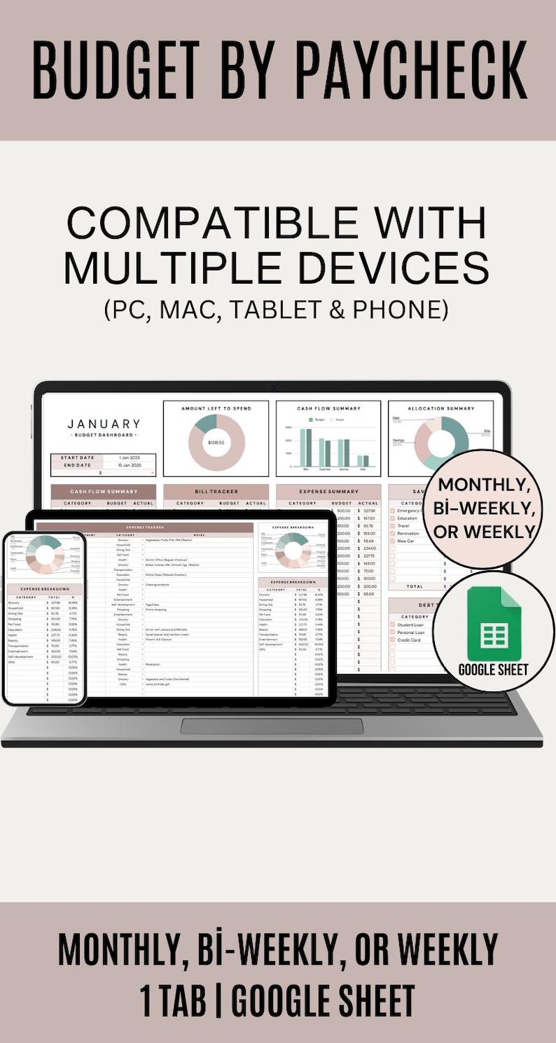 May include: A Google Sheet budget template for tracking expenses and income. The template is compatible with multiple devices, including PC, Mac, tablet, and phone. The template is designed for monthly, bi-weekly, or weekly budgeting. The template includes a cash flow summary, bill tracker, expense summary, and expense breakdown.