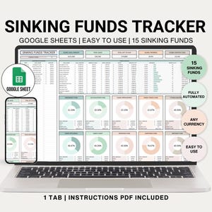 Peut inclure: Un ordinateur portable affichant une feuille de calcul Google avec un suivi des fonds de roulement. La feuille de calcul comporte 15 fonds de roulement différents, chacun avec une barre de progression et un diagramme circulaire montrant le pourcentage enregistré. La feuille de calcul est intitulée "Suivi des fonds de roulement" et est décrite comme "Facile à utiliser" et "Entièrement automatisé".