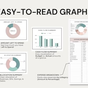 May include: A set of four easy-to-read graphs showing a budget breakdown, cash flow summary, and amount left to spend. The graphs are in a minimalist style with pink and green colors.