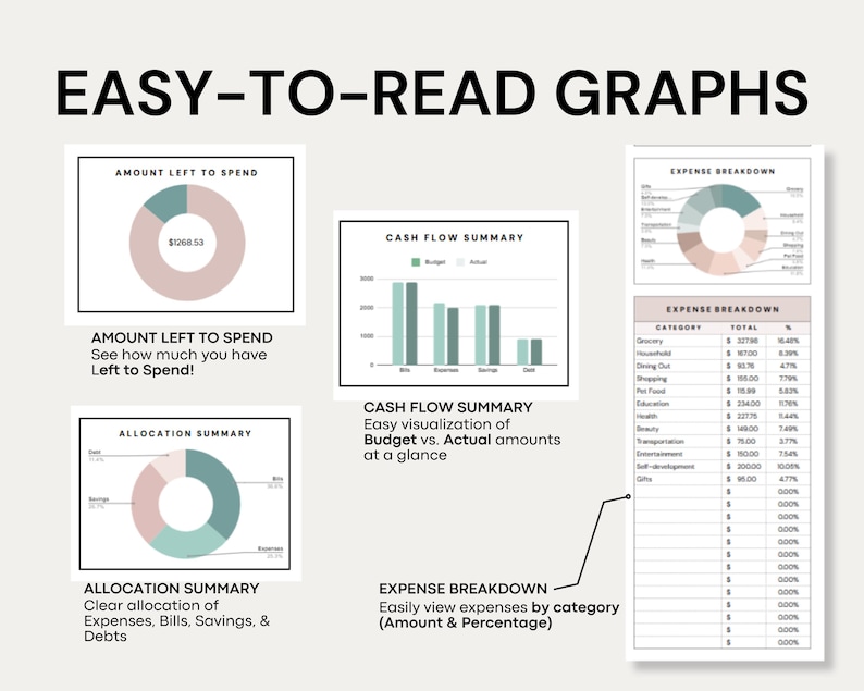 May include: A set of four easy-to-read graphs showing a budget breakdown, cash flow summary, and amount left to spend. The graphs are in a minimalist style with pink and green colors.
