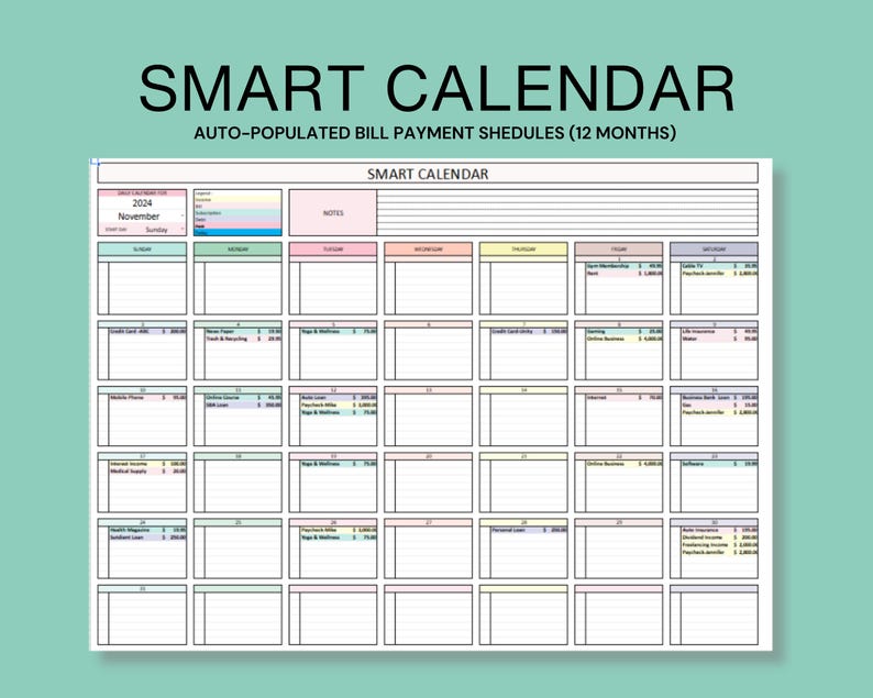 Smart bill calendar spreadsheet Google Sheets bill tracker monthly