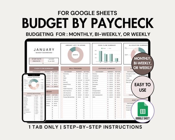 Budget by Paycheck Planner Google Sheets Budget Spreadsheet Monthly Weekly Paycheck Budget Tracker Biweekly Budgeting Template Bill Tracker