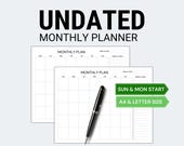 Monthly Calendar Undated Planner Printable Letter and A4 Size, Daily Schedule Undated Landscape PDF