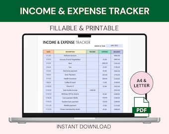 Suivi des revenus et des dépenses imprimable et à remplir Suivi des dépenses mensuelles Gestion de l'argent Planificateur de finances personnelles Suivi des factures imprimable